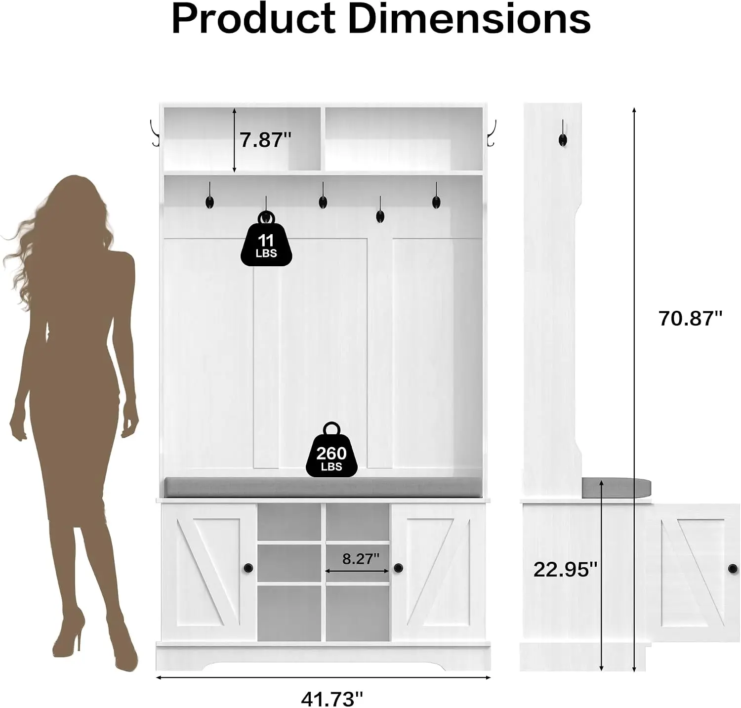Hall Tree Entryway Bench Coat Rack With Shoe Storage Cabinet, Multifunctional Mudroom Organizer Tower With Padded Cushion And Seven Hooks, Modern Wooden Accent Furniture For Foyer Living Room, 1 Pack