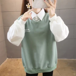 Spring and Autumn Women's Polo Neck Long Pullovers Sleeves Splicing Contrast Color Fake Two Pieces Fashion Casual Korean Tops