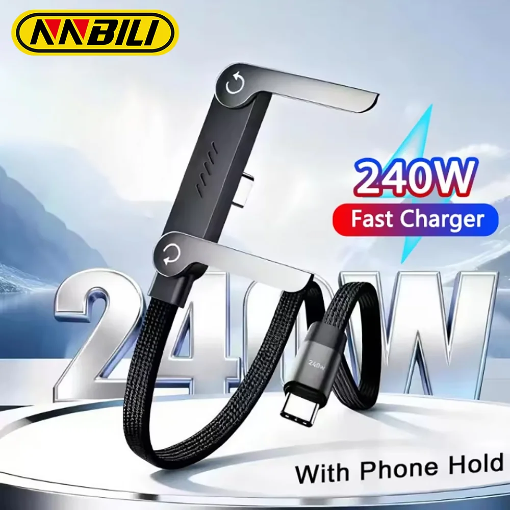 NNBILI 240W 2 in 1 USB C to C Fast Charging Foldable Bracket Cable Type C Desktop Holder Charging Wire For Iphone 16 17 Samsung