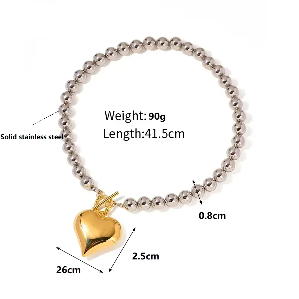 New 316L Stainless Steel Solid  Bead Chain Exaggerated Heart Shaped pendant Necklace for Women Kpop Heavy Thick Aestethic DIY