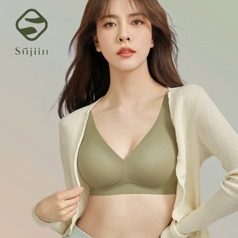 SUJIIN Summer Seamless Padded Bras for Women Sexy Push Up Wireless Supportive Bra Solid Daily Fixed Cup Smooth Bra Tops MX208