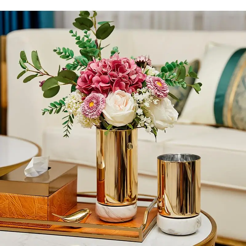 Electroplated Glass Marble Base Vase Home Desktop Ornaments Hydroponic Two-piece Suit Decoration Flower Arrangement