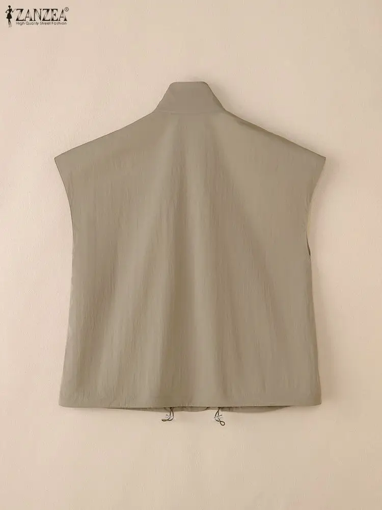 ZANZEA سترات نسائية عصرية ذات ثنيات وياقة مقلوبة وأكمام قصيرة وأزرار علوية بلون سادة وحاشية برباط صدريات نسائية