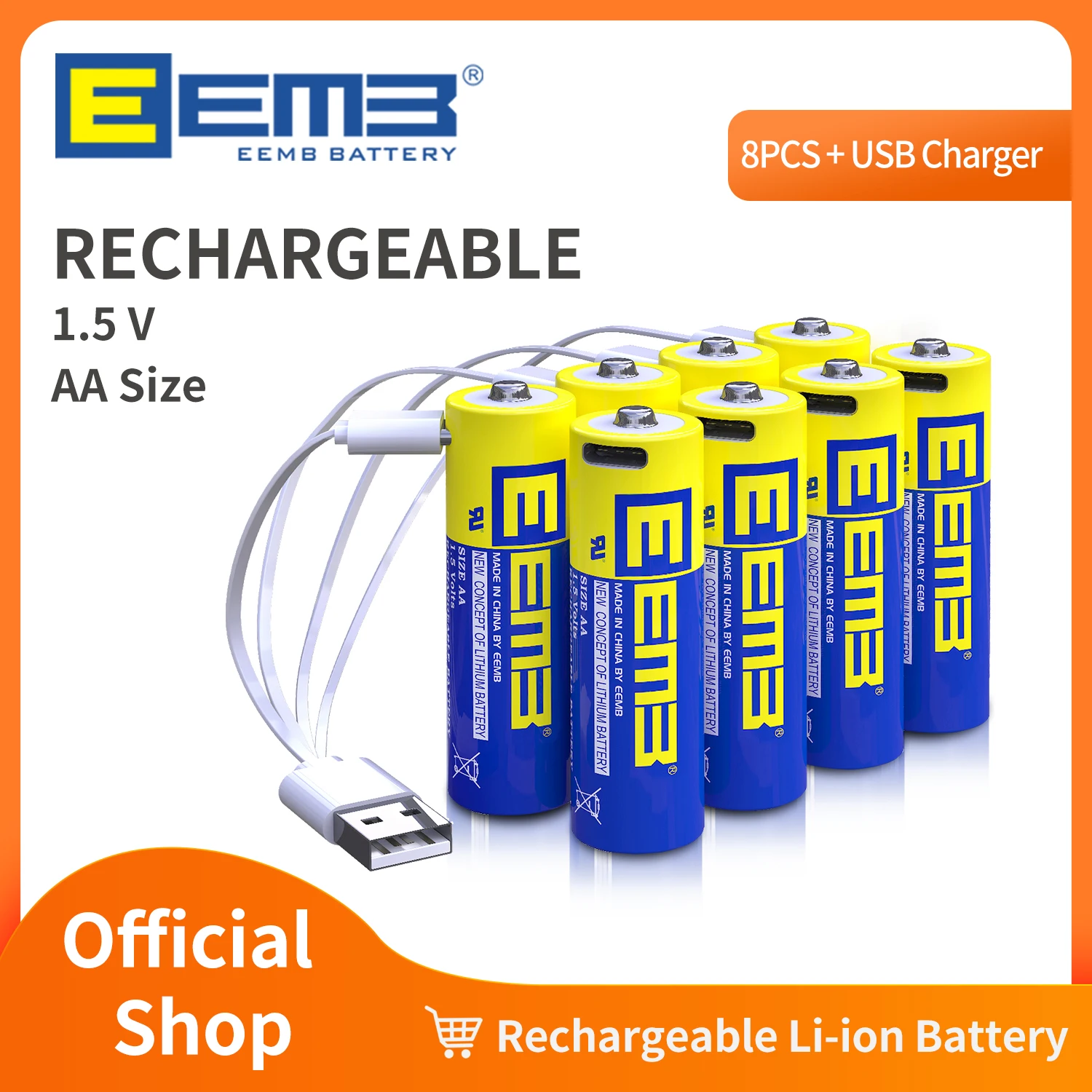 EEMB 충전식 AA 리튬 배터리, 1.5V, 2600mWh, USB C 타입 충전 케이블 교체 배터리