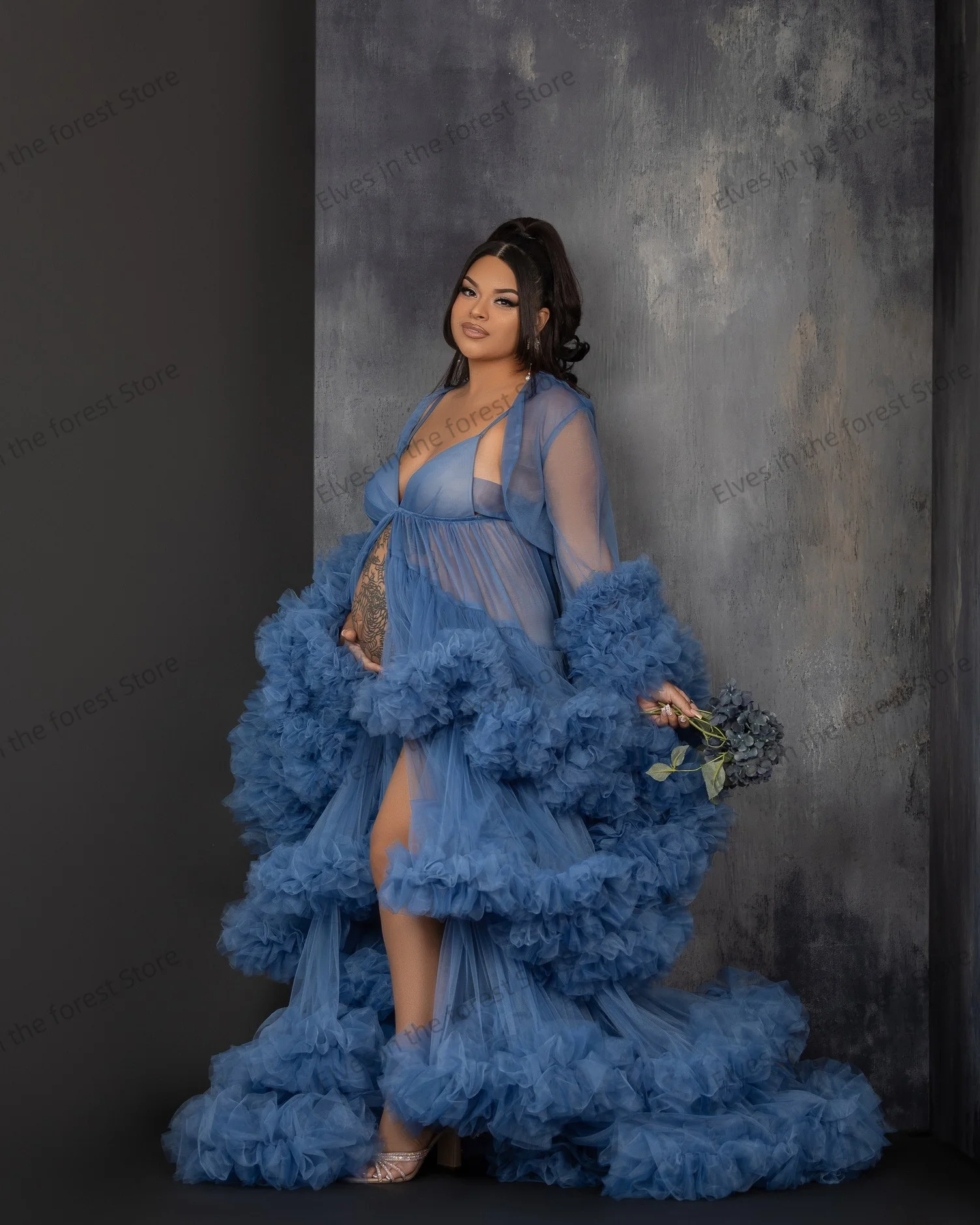 A Line الأزرق الأمومة الجلباب مثير الخامس الرقبة المتدرج تكدرت فساتين النساء الحوامل شير مخصص التصوير فساتين استحمام الطفل #2