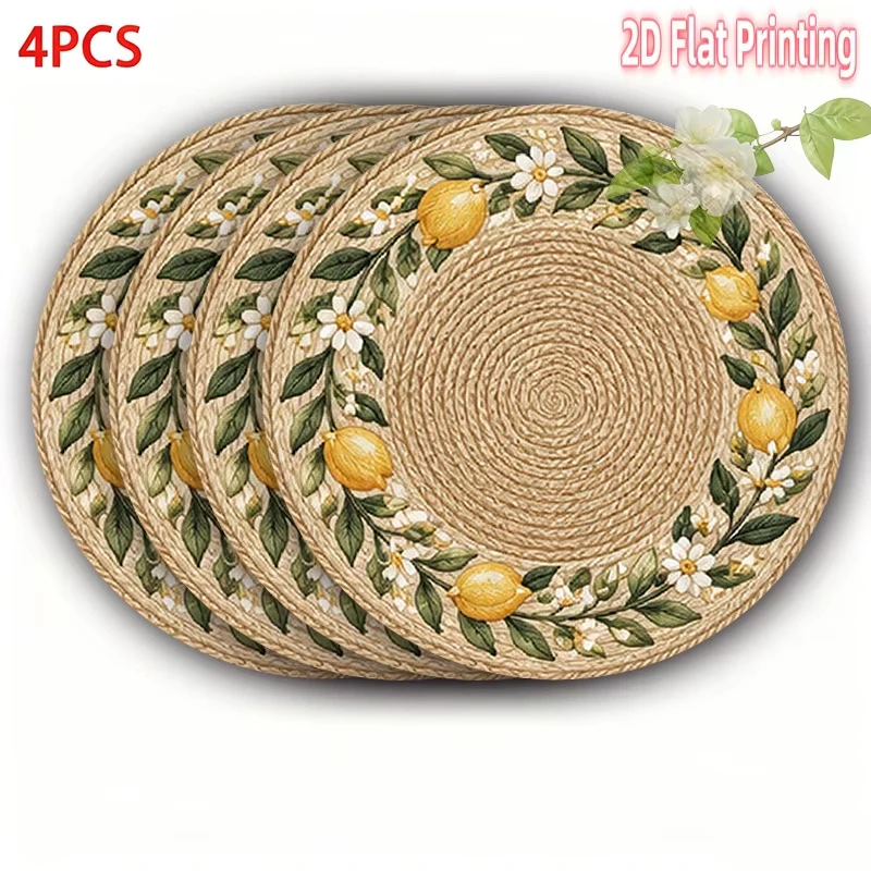 4‑Piece Set 2D Flat Printed Wooden Placemat Imitation Rattan Lemon Flower Round Design Home Decoration For Party Banquet Holiday