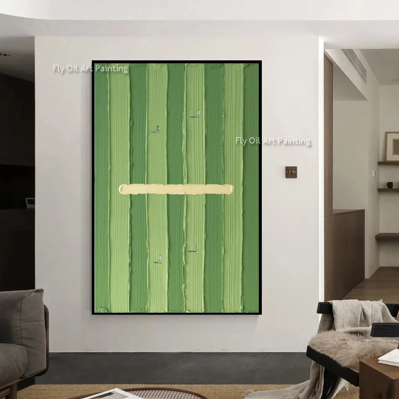 New Popular Design Light Green Beige Texture Canvas Thick Wall Art Handmade Yellow Land People Playing Oil Painting For Decor