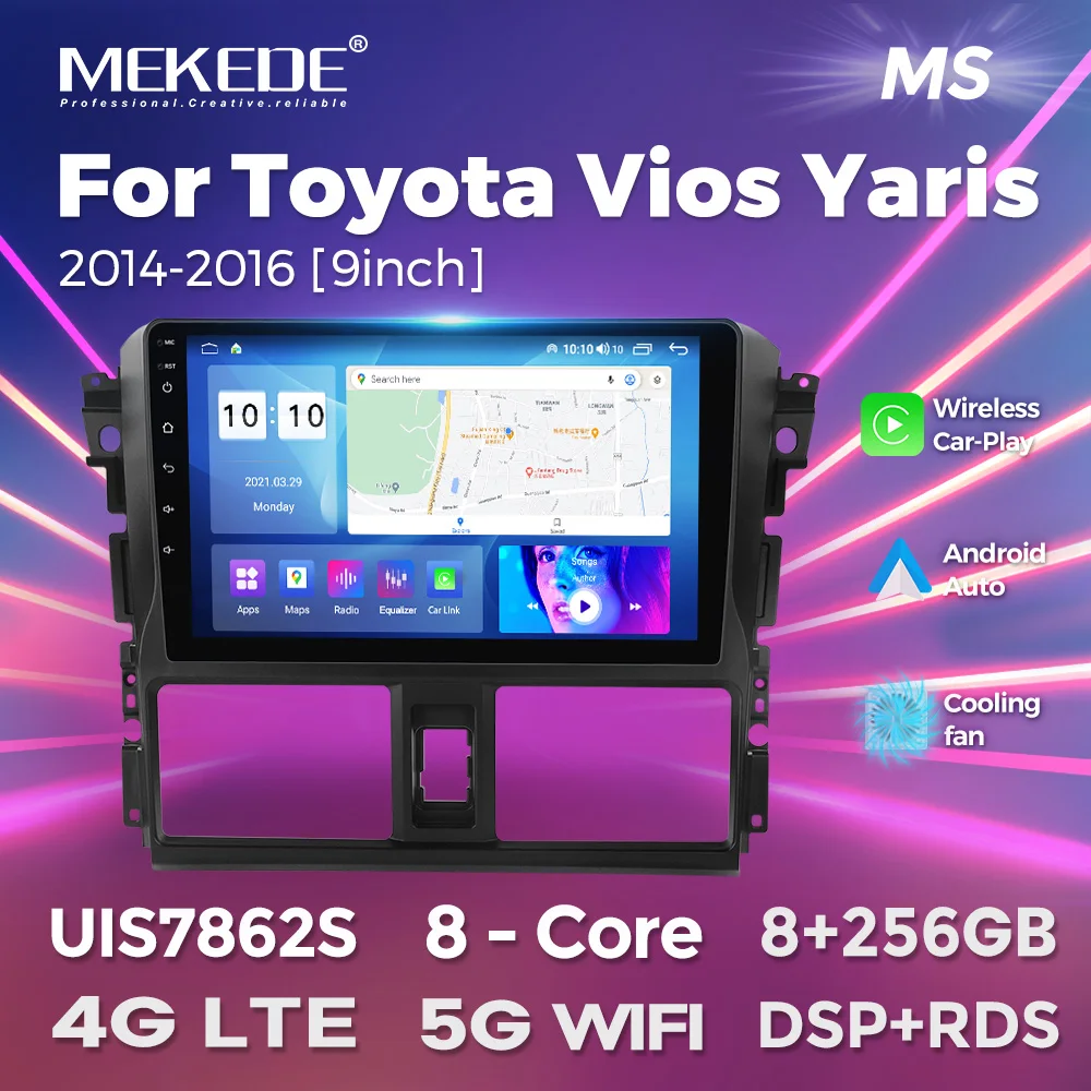 

MEKEDE Android 13 9 Inch For Toyota VIOS Yaris 2014-2016 Car Radio Support BT GPS LTE DSP Stereo Multimedia Touch Screen 8 Core
