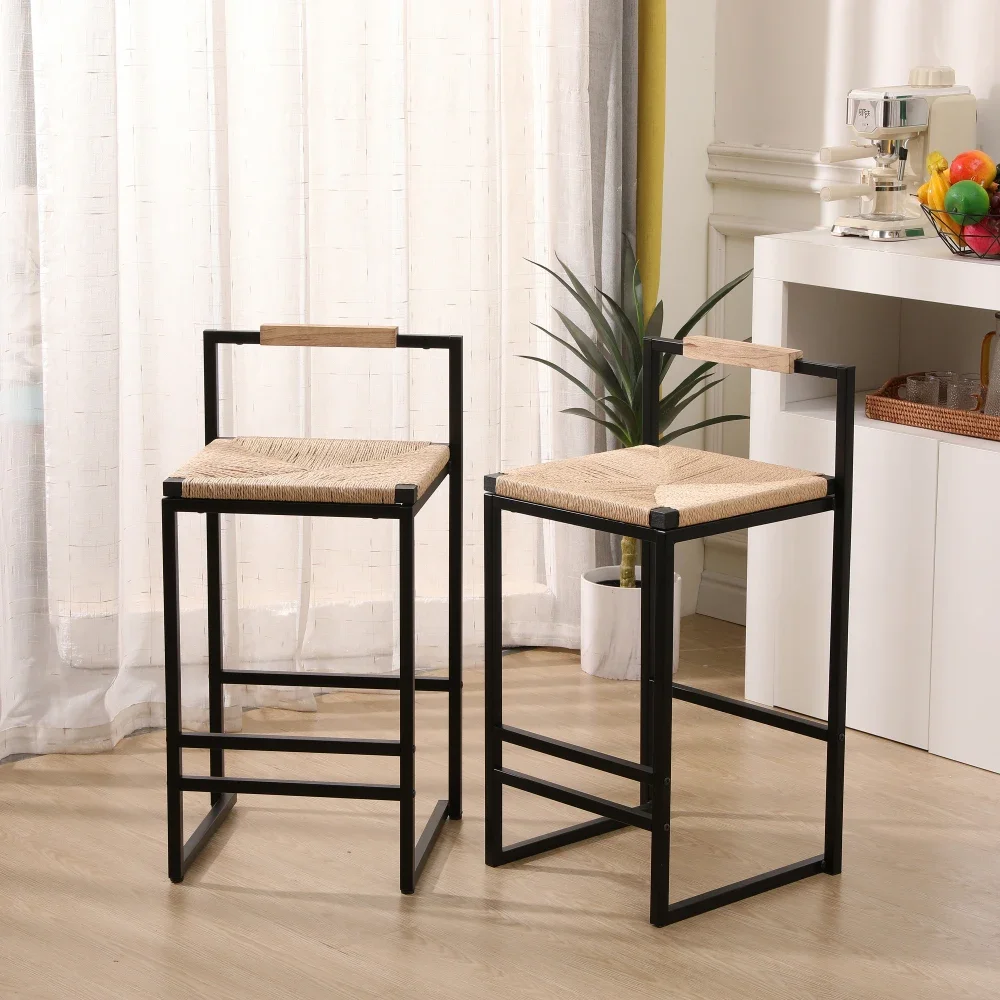 Bar Stools Set of 2 , Paper Rope Woven Chairs with Back, Counter Height Dining Chairs for Kitchen or Home,Easy To Assemble Seat