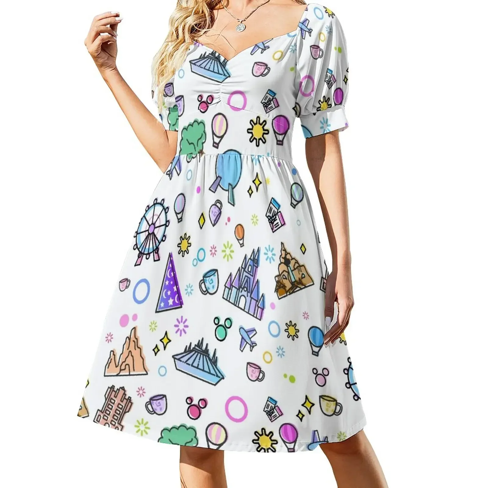 

Meet me at my Happy Place Pattern. Happiest Place on Earth. Florida Orlando Icons. Ferris Wheel Theme Park. Short-Sleeved Dress