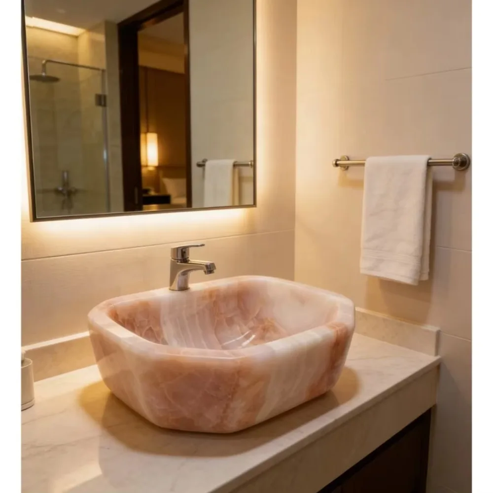 Luxury Natural Pink Onyx Stone Vessel Sink Hand Carved Marble Wash Basin Unique Bathroom Vanity Bowl for High-End Hotel Villa