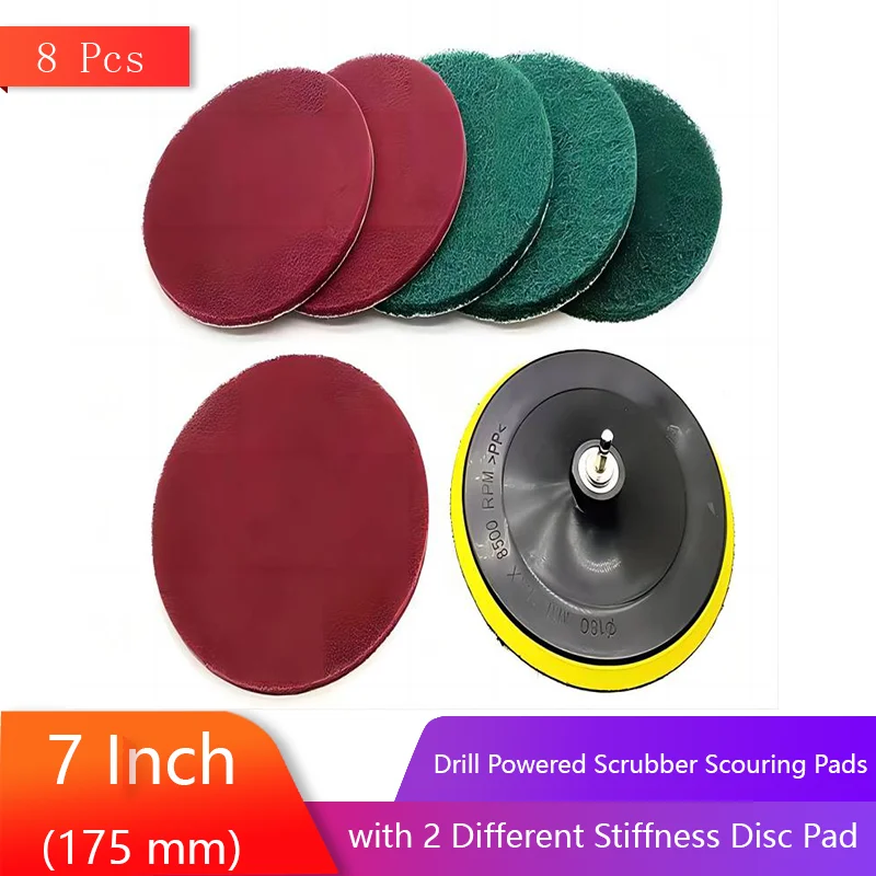 7 Inch Drill Powered Scrubber Scouring Pads 8 Pcs Cleaning Kit with 2 Different Stiffness Disc Pad Holder and 6 Scrubbing Pads