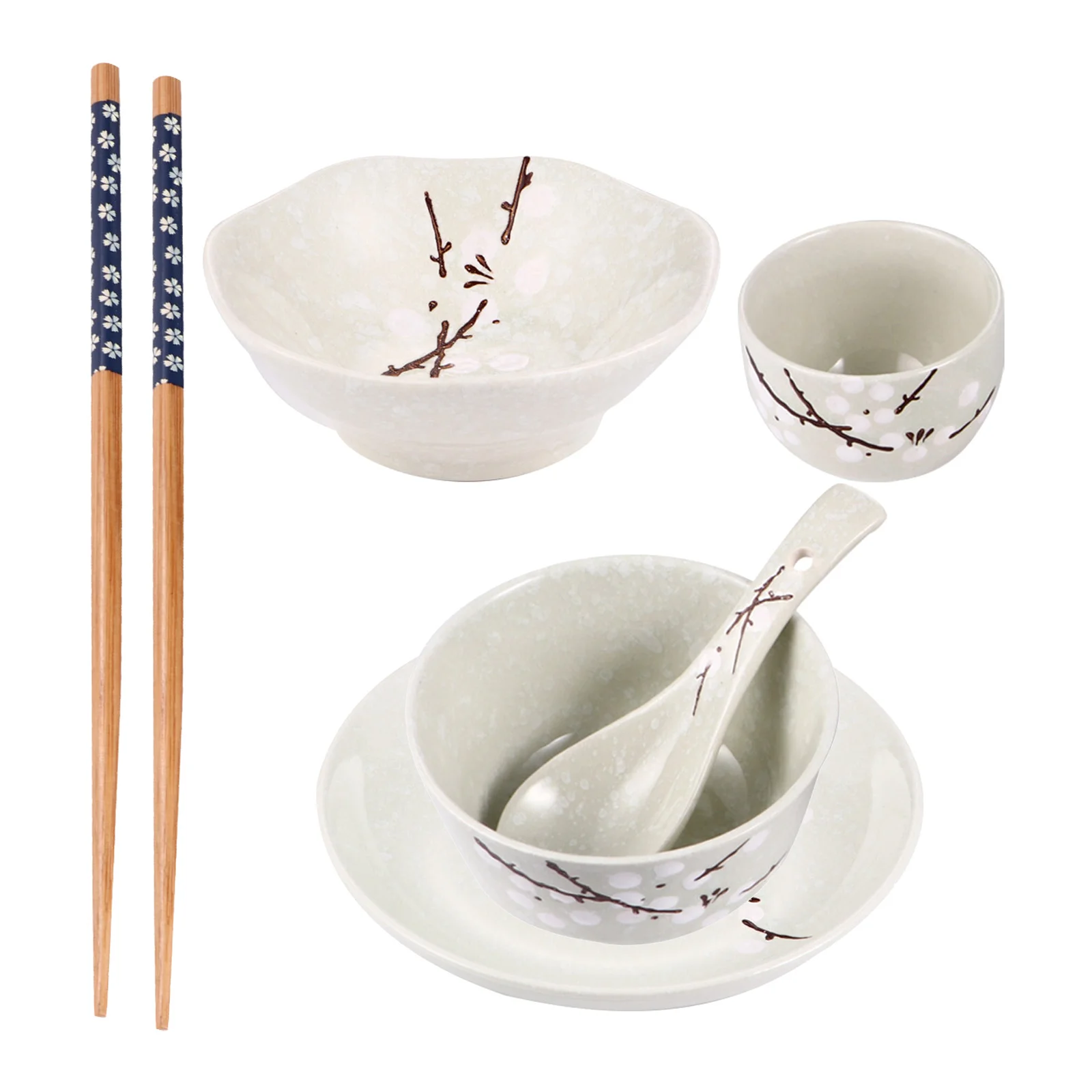

1Set Japanese Ceramic Tableware Plum Flower Print Practical Dinnerware Set for Single Household Porcelain Bowl Plate Spoon Cup