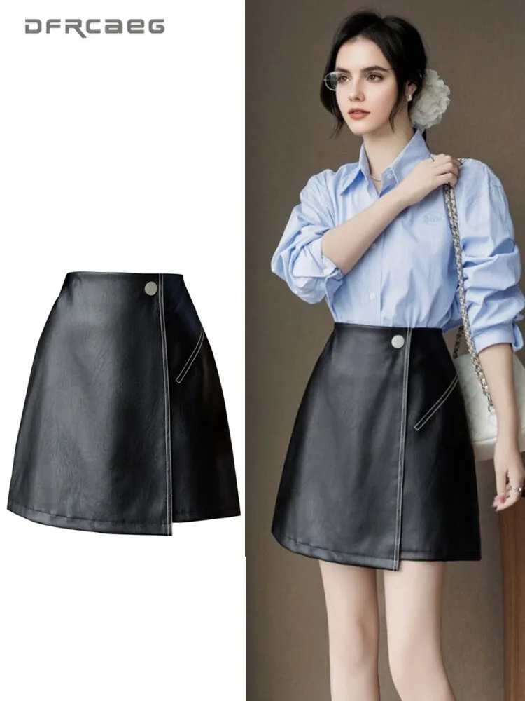

New Arrival Autumn Winter Asymmetrical PU Leather Short Skirt Women High Waist Black Sexy Slim A-Line Skirts Lady