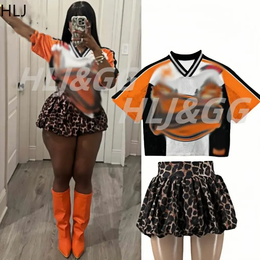 

HLJ Fashion Y2K Leopard Mini Puffy Skirts Two Piece Sets Women V Neck Short Sleeve Loose Tshirt And Skirts Outfits Streetwear