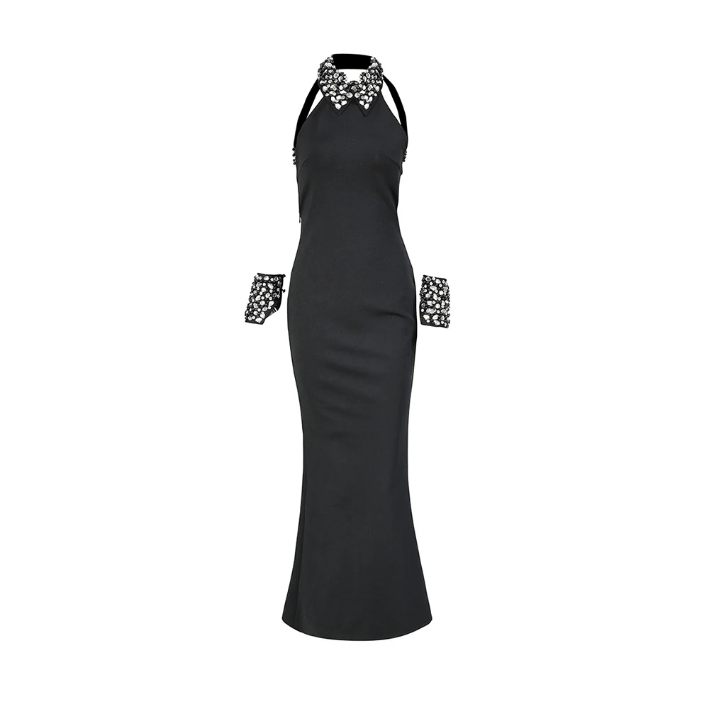 Luxe diamanten hals sierlijke vrouw feestjurk sexy halter mouwloze steath enkellange bandage jurk verjaardagsfeestje vestido