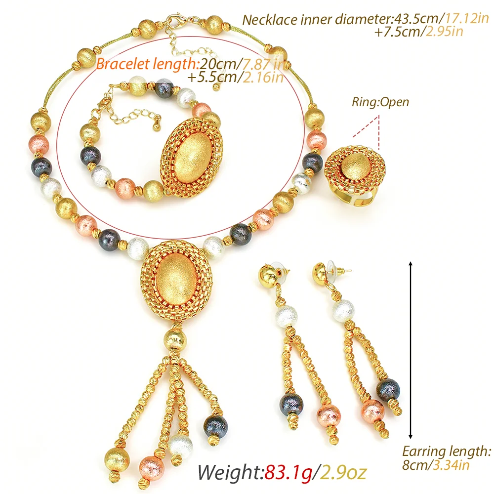 GZJPEI Dubai African Tri Tone Tassel Jewelry Set Retro Frosted Beads Necklace Bracelet Ring Earring Boho Jewelry Gifts 2026 New
