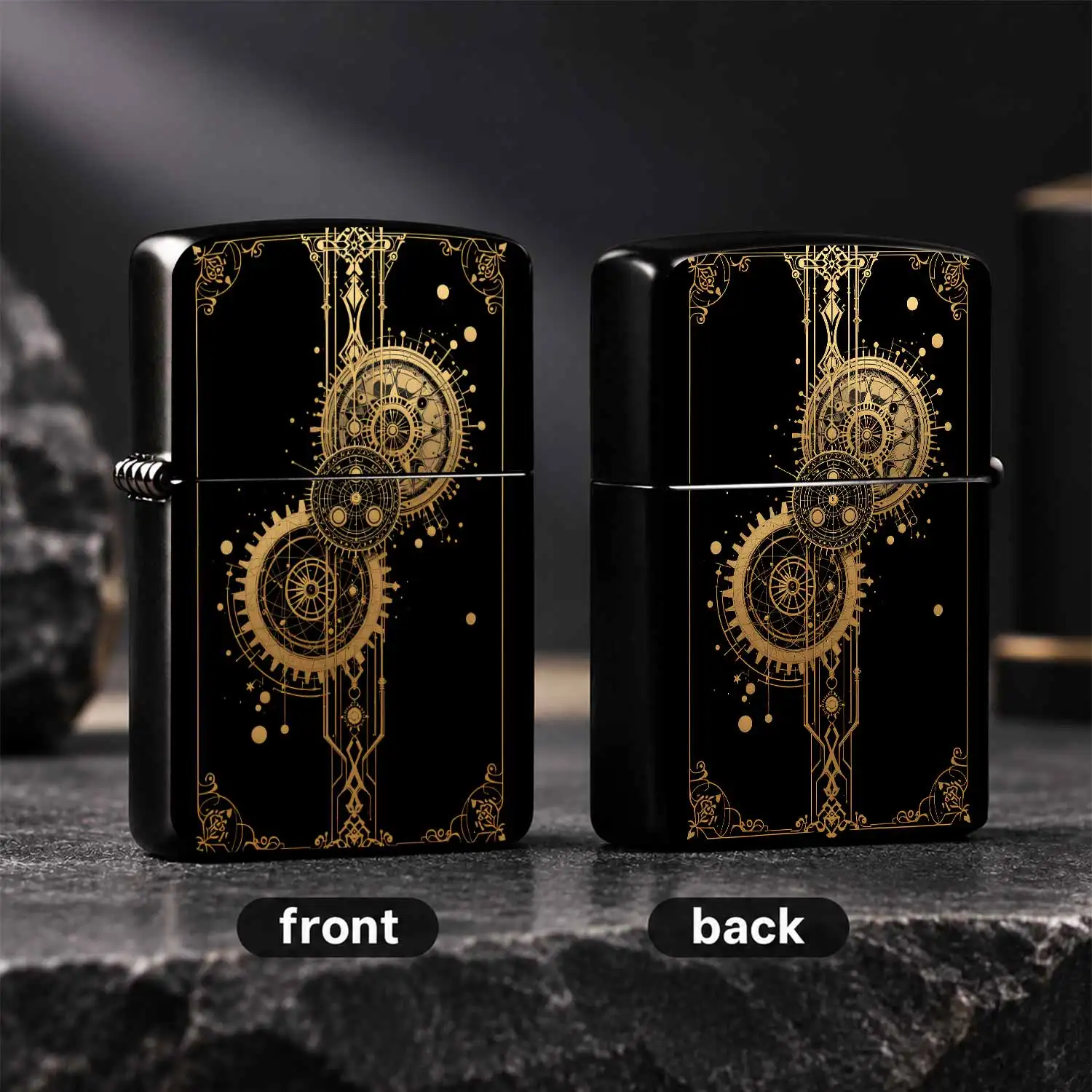 English: Retro Steampunk Gear Pattern Lighter, Exquisite Gold Foil Black Background Decor, Portable Daily Use Igniter, Elegant Collectible Ornament, Ideal Gift For Any Occasion, Delicate Aesthetic Accessory For Daily Scenarios, High-End Art