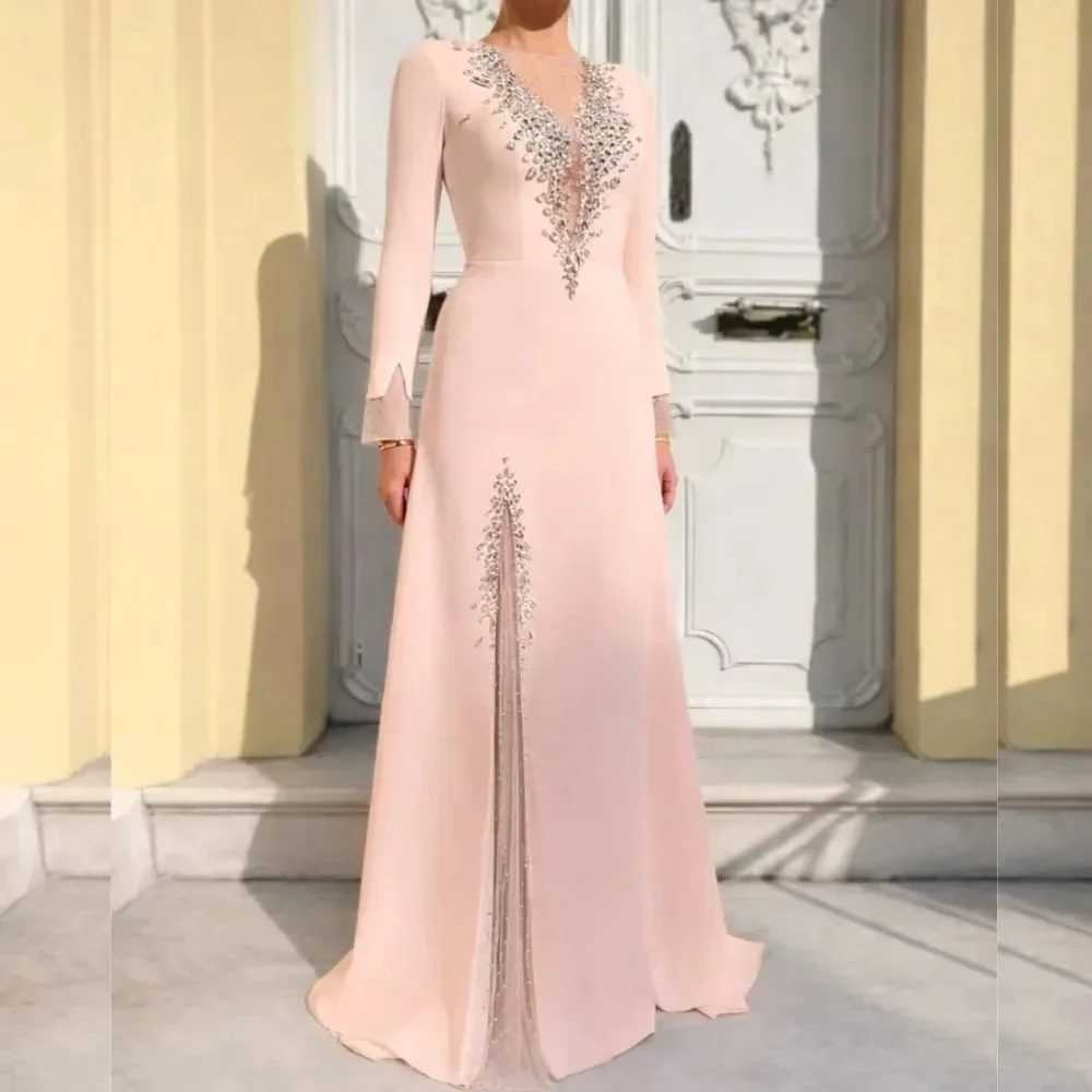 Customized Blush Pink A‑Line Evening Gown Long Sleeve Illusion Neck Silver Rhinestone Beaded Front Sheer Slit Formal Prom Dress