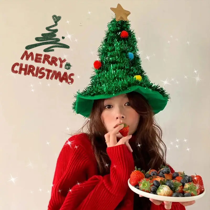 

Creative Christmas Tree Hat Shiny Tinsel Colorful Poms Headwear Decor 2026 New Year Kids Funny Santa Hat with Tinsel Party Decor