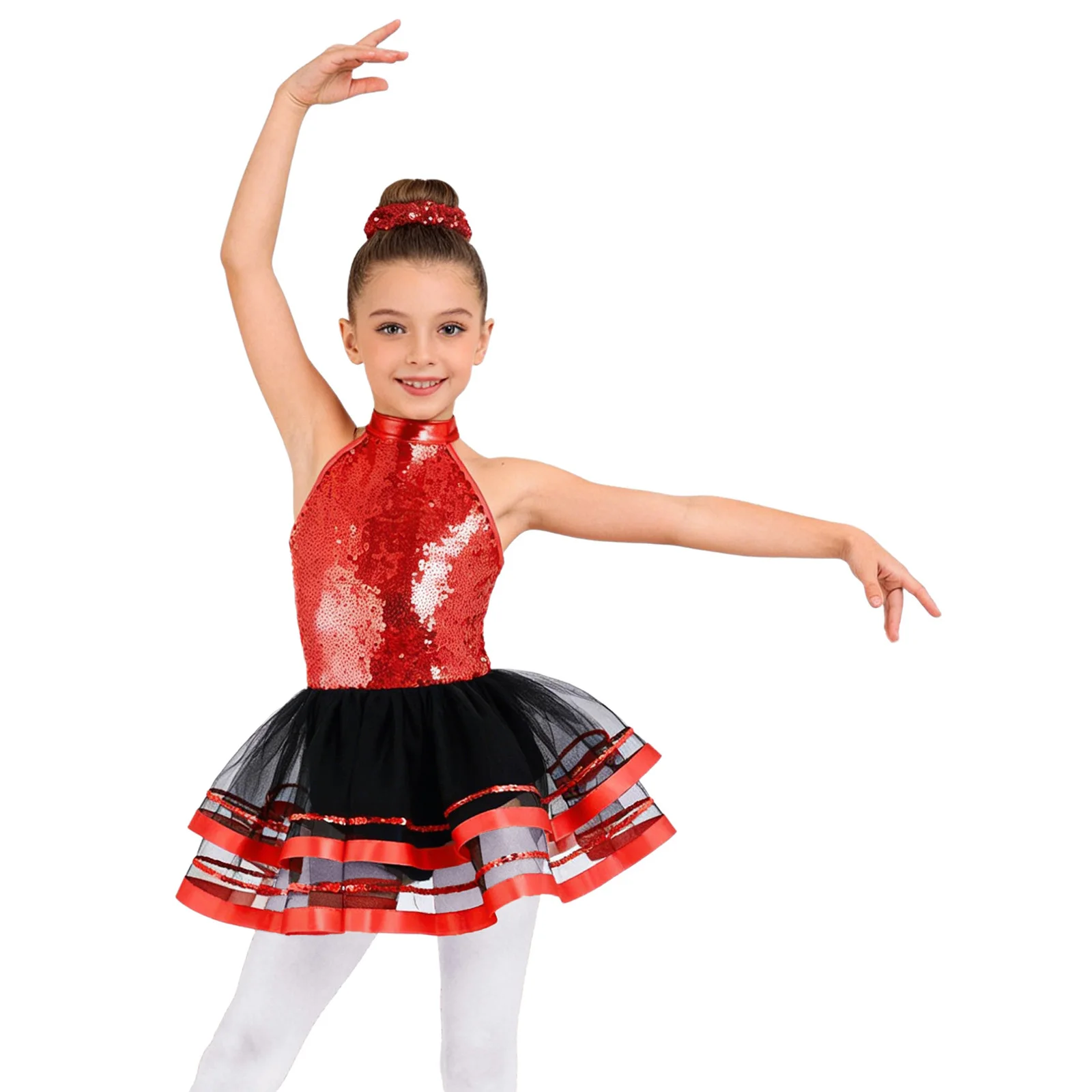 

Kids Girls Ballet Dance Dress Figure Skating Gymnastics Jazz Modern Dancewear Halter Sleeveless Shiny Sequins Mesh Tutu Leotard