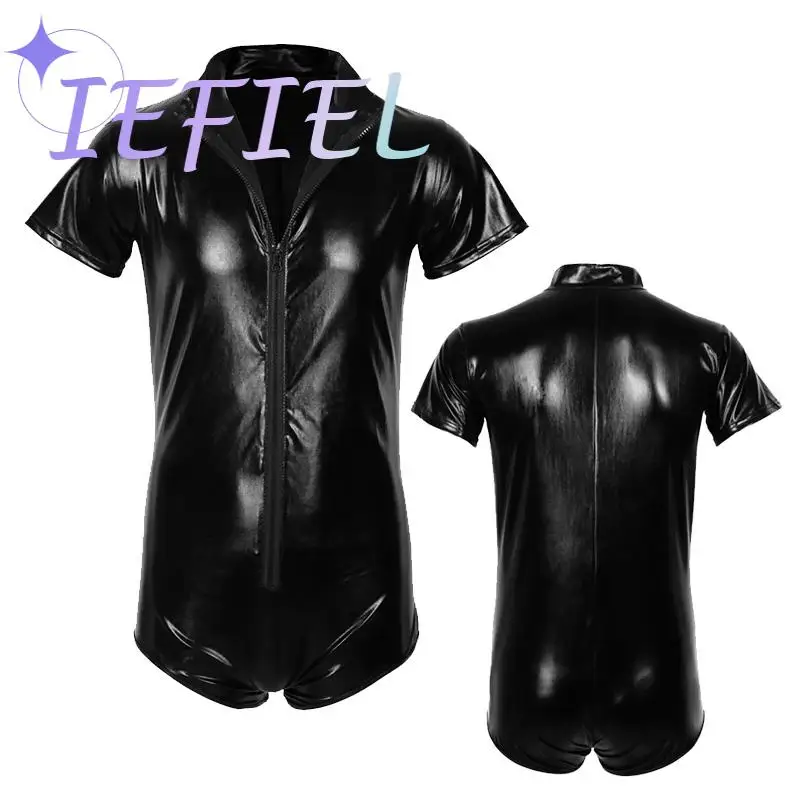 Mens One-piece Latex Zipper Tights Leotard Bodycon Bodysuit Boxer Shorts Rave Party Clubwear Pole Dance Nightclub Stage Costume