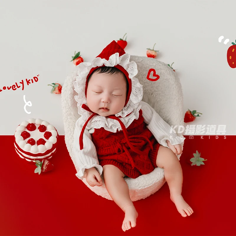 

Strawberry Baby Newborn Photography Prop 0-1 Month Knit Hat + Top + Stretch Red Overalls 3pcs Professional Photography Costume