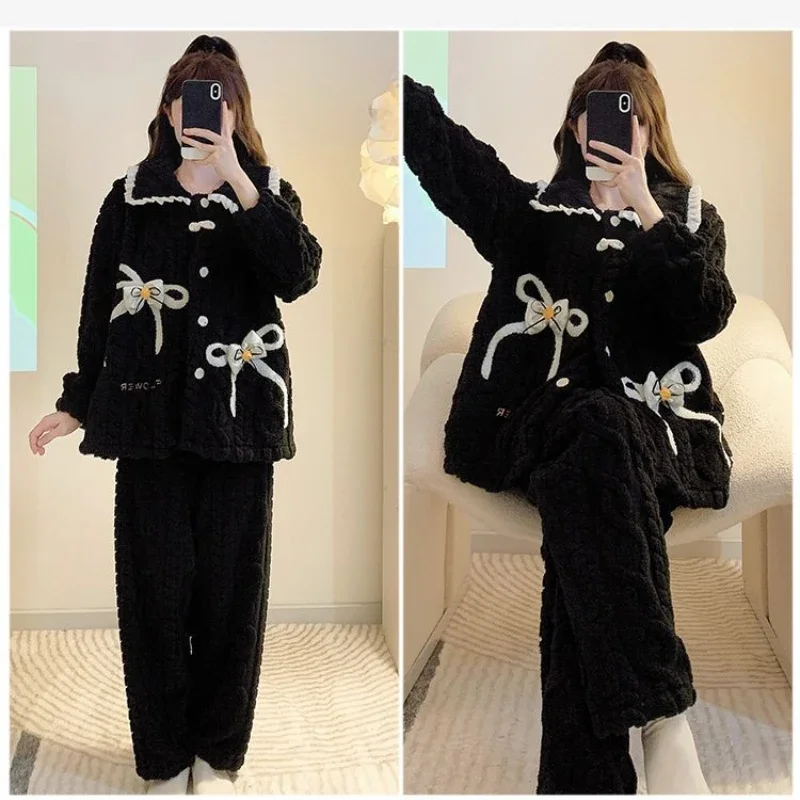 5XL Plus Size Coral Fleece Pajamas Set Women\'s Sweet Winter Warm Fleece Thickened Home Clothes Loungewear Can Be Worn Outside