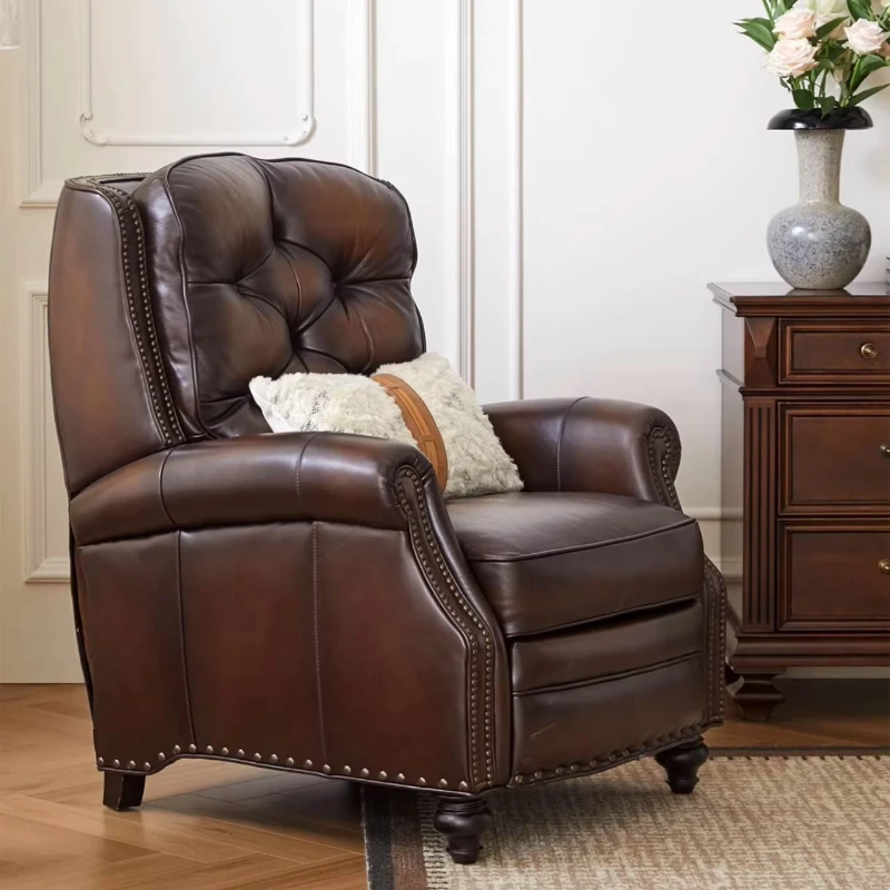 

Single sofa functional chair first layer cowhide retro living room bedroom leisure chair