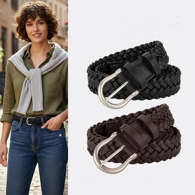 Western PU Sheep Braided Silver Pin Buckle Women Belt Fashion Woven Belt with Jeans Causal Pants