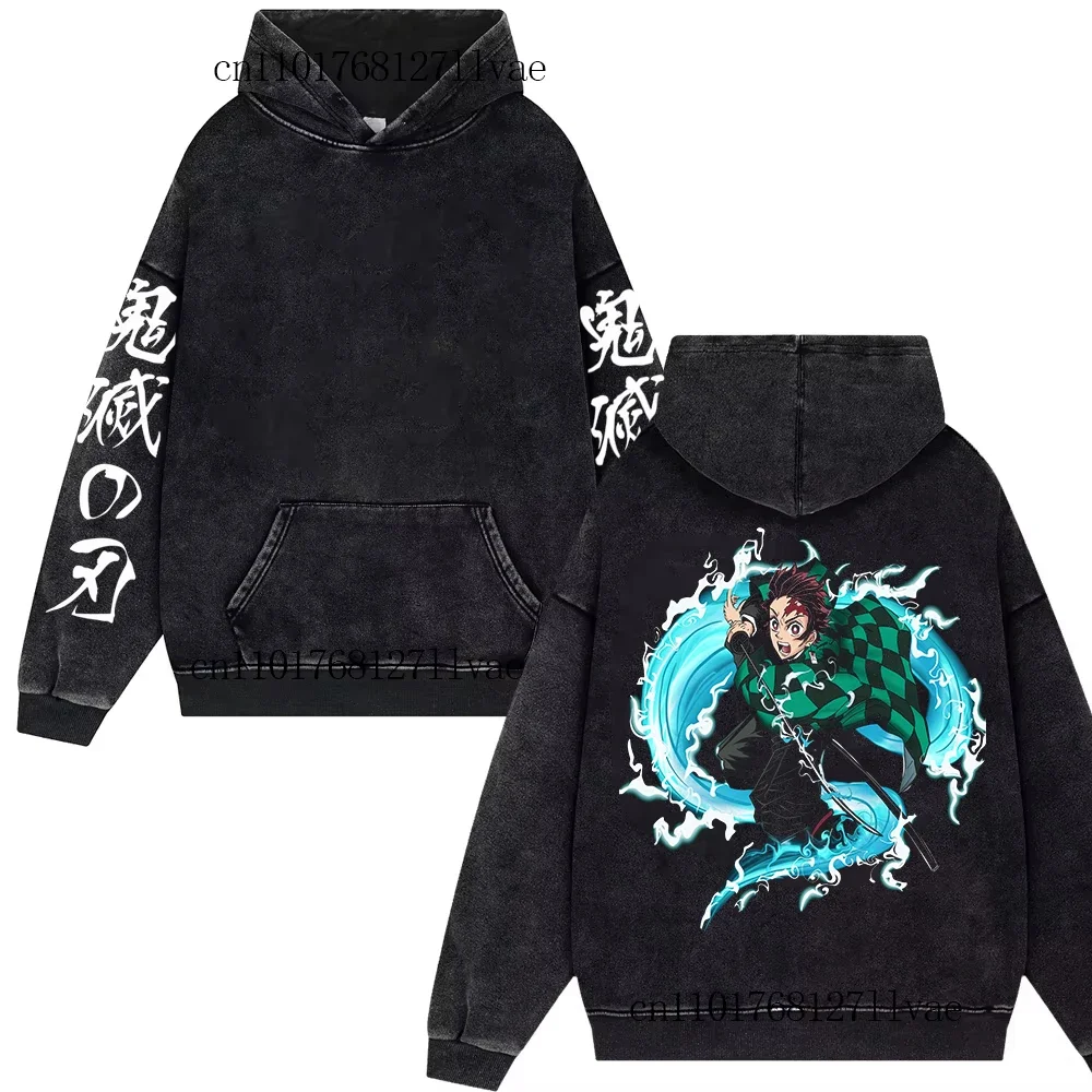 빈티지 Kamado Tanjiro 워시 후드 악마 슬레이어 남성 여성 하라주쿠 streetwear 특대 코튼 풀오버 Y2k 양면 코트