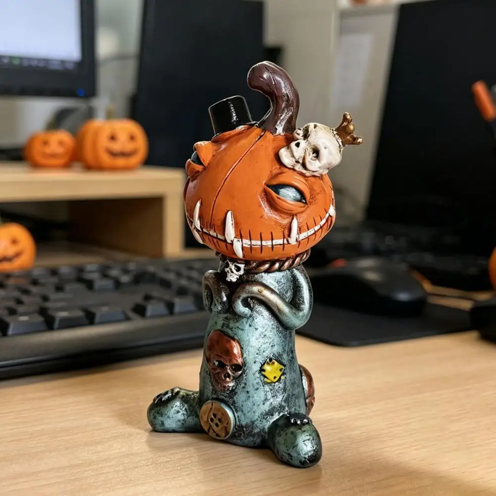 Hand-painted Resin Doll Halloween Pumpkin Doll Statue Horror Resin Pumpkin Skull Figurine for Home Office Table Shelf Mantel Dec