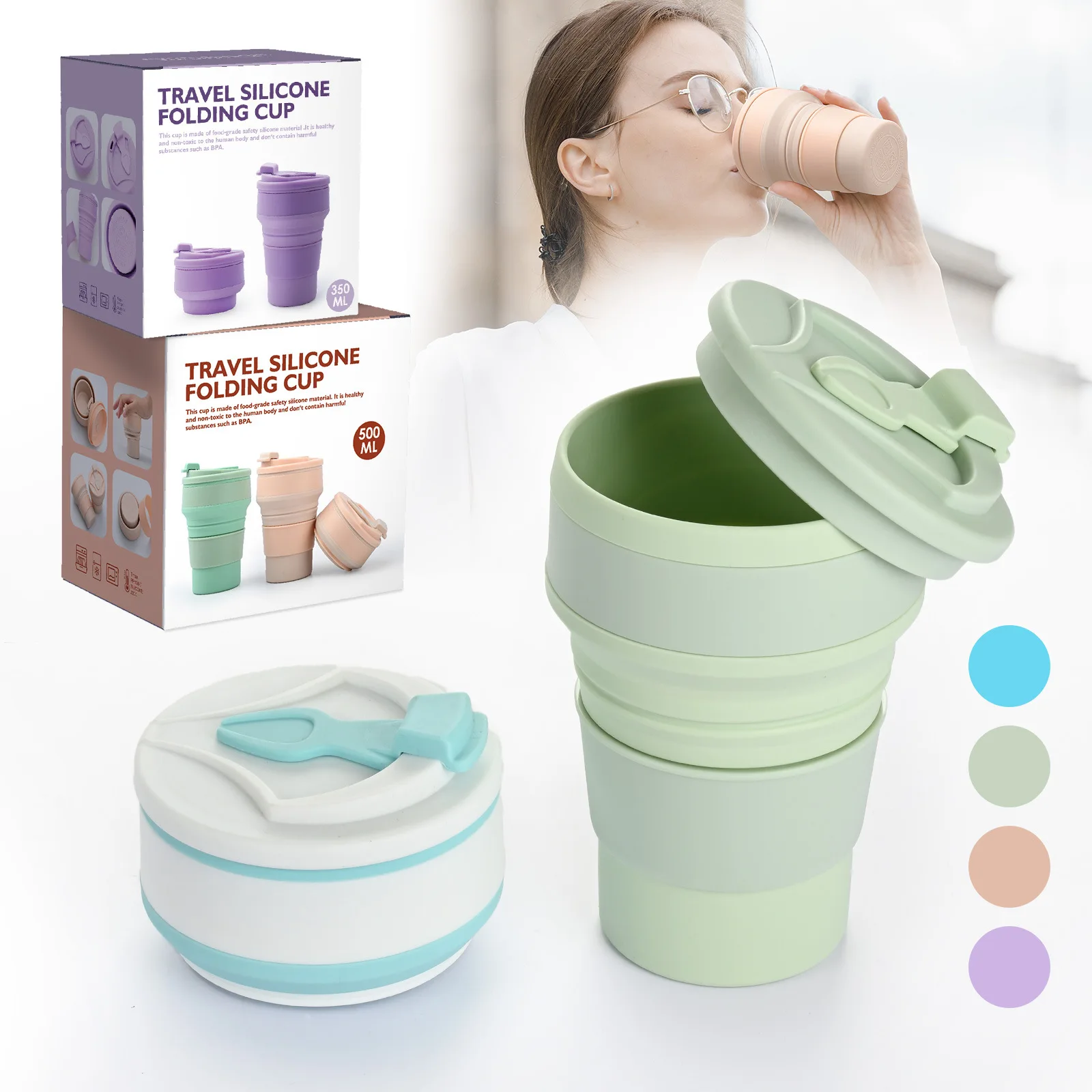 Faltbare Becher 500ml Lebensmittelechter Wasserbecher mit Deckel Reise-Silikonbecher Einziehbar Farbig Tragbar Outdoor Kaffee Reisebecher