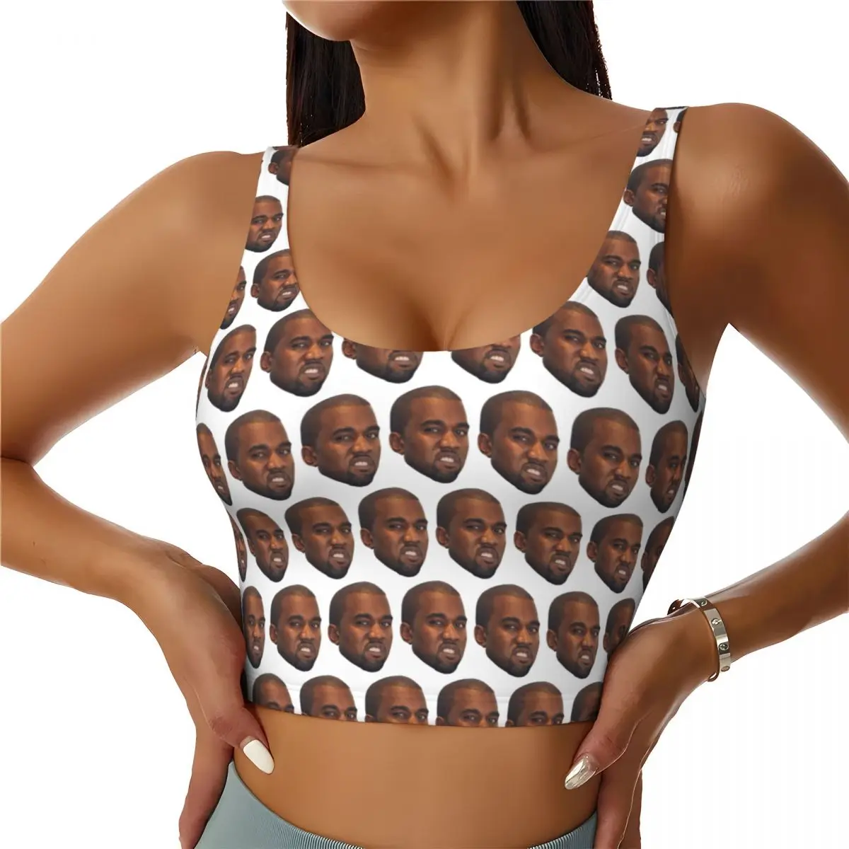 Custom Funny Kanye West Meme High Impact Sports Bras Women Rapper Music Producer Seamless Workout Running Crop Tank Tops