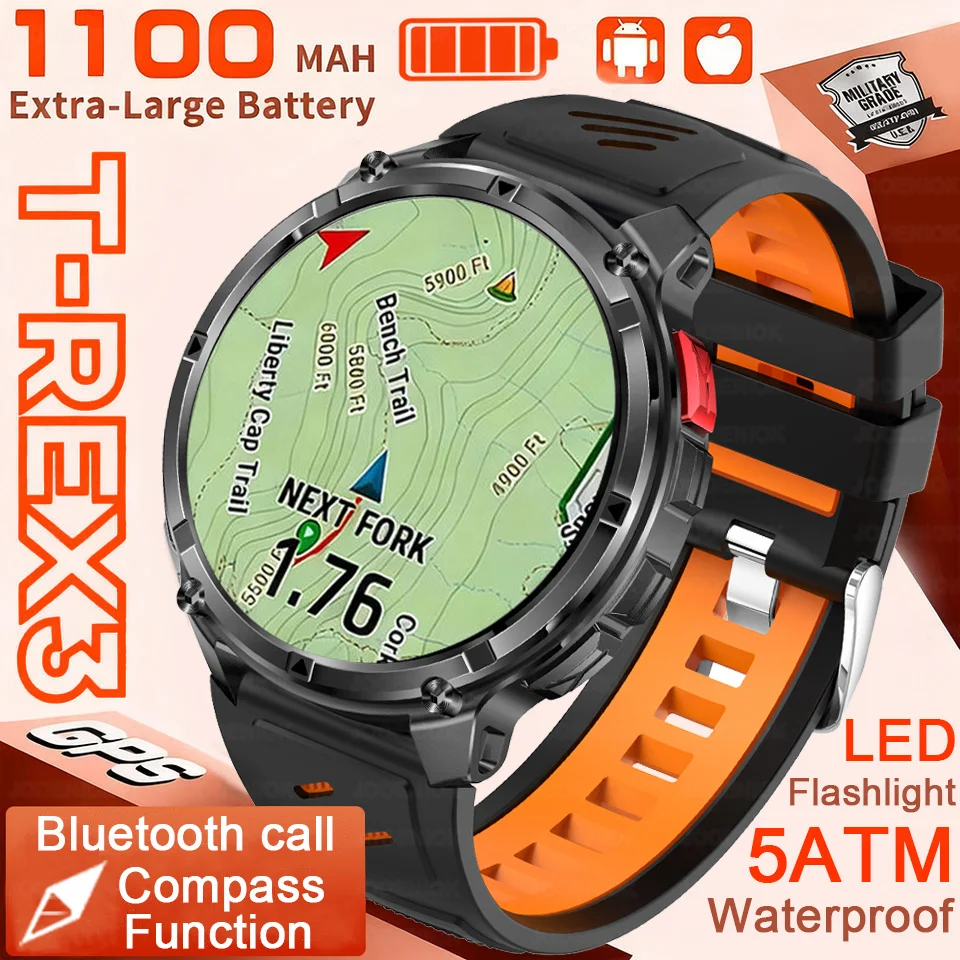 

2025 New 1100mAh Outdoor Military Smart Watch Men Compass Sport Fitness LED Flashlight 3ATM Waterproof Bluetooth Call Smartwatch