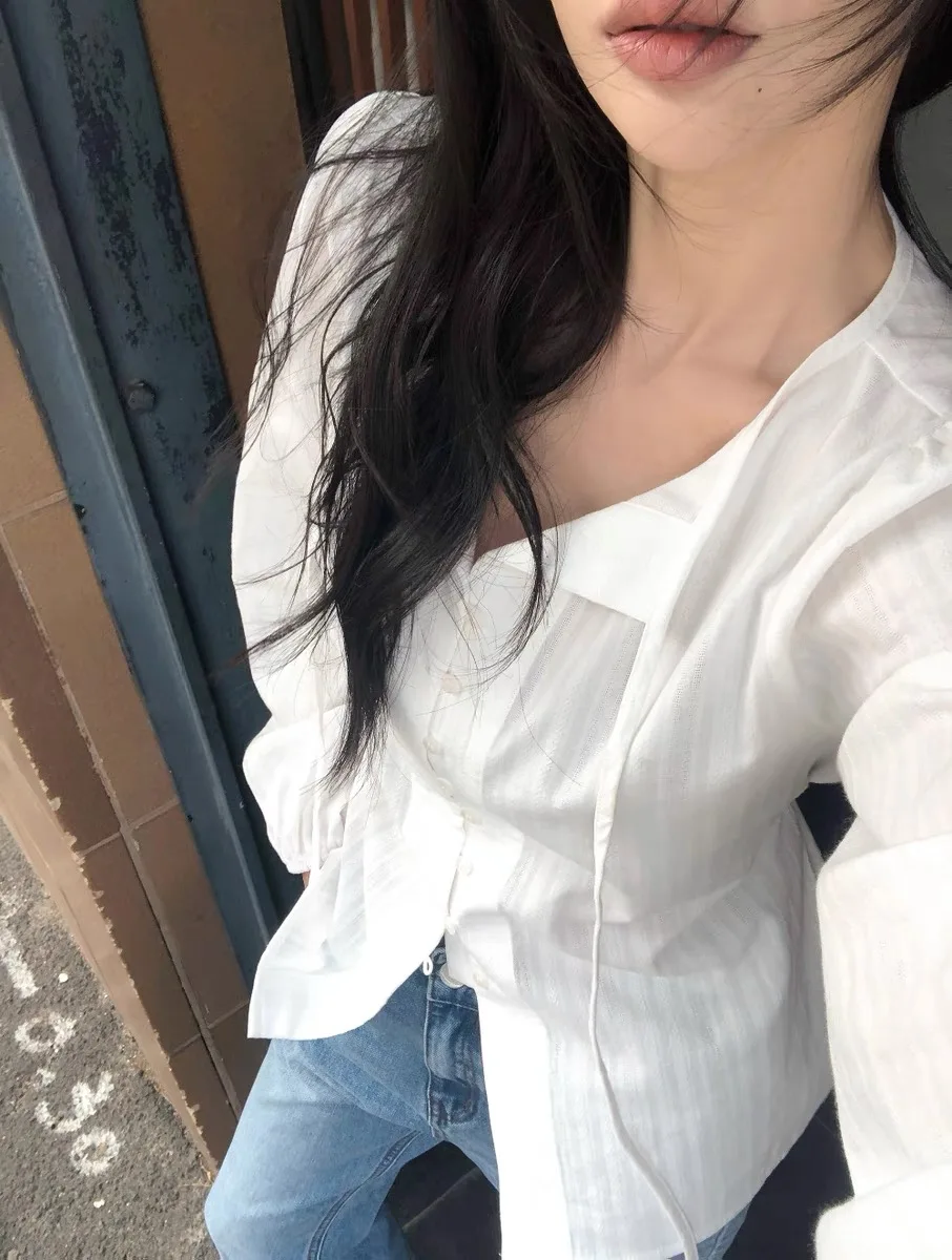 

Slim Fit Cotton irt for Women with Button Detail Ba Tie Waist Slimming Sweet Split Long Sve V Ne Commute Sle Summe...