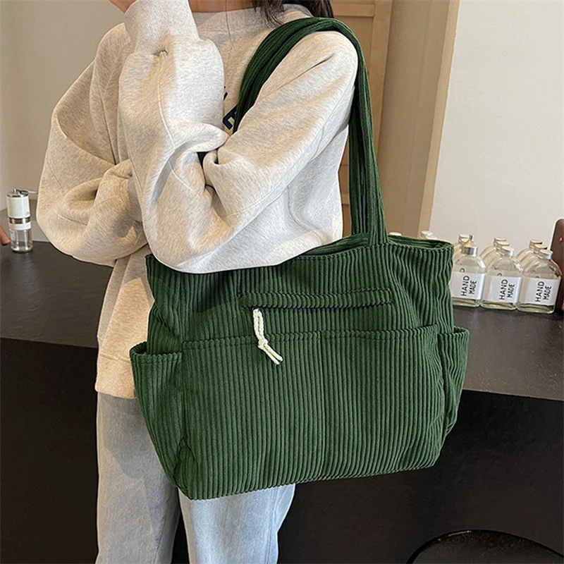 Bolsos de hombro para mujer con bolsillos de pana acanalada de gran capacidad sólido negro blanco verde caqui bolsos de mano para mujer