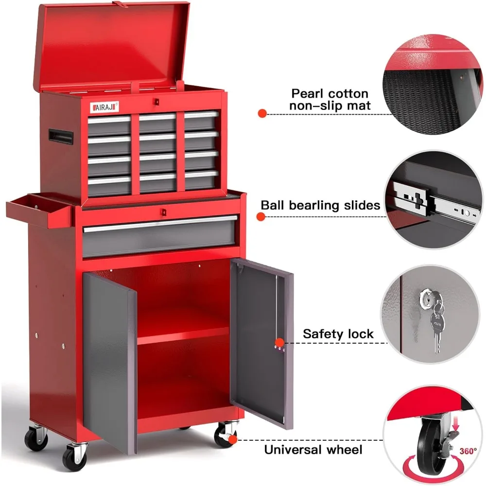 Скриня для инструментов на колесиках с 7 ящиками, высота 40 со съемной металлической верхней коробкой для ремонта и хранения в гараже