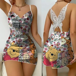 Bow Party Dress Mini Dress Disney Winnie The Pooh Pajama Dress Satin Women Fashion Summer Sexy Lace Backless Nightdress