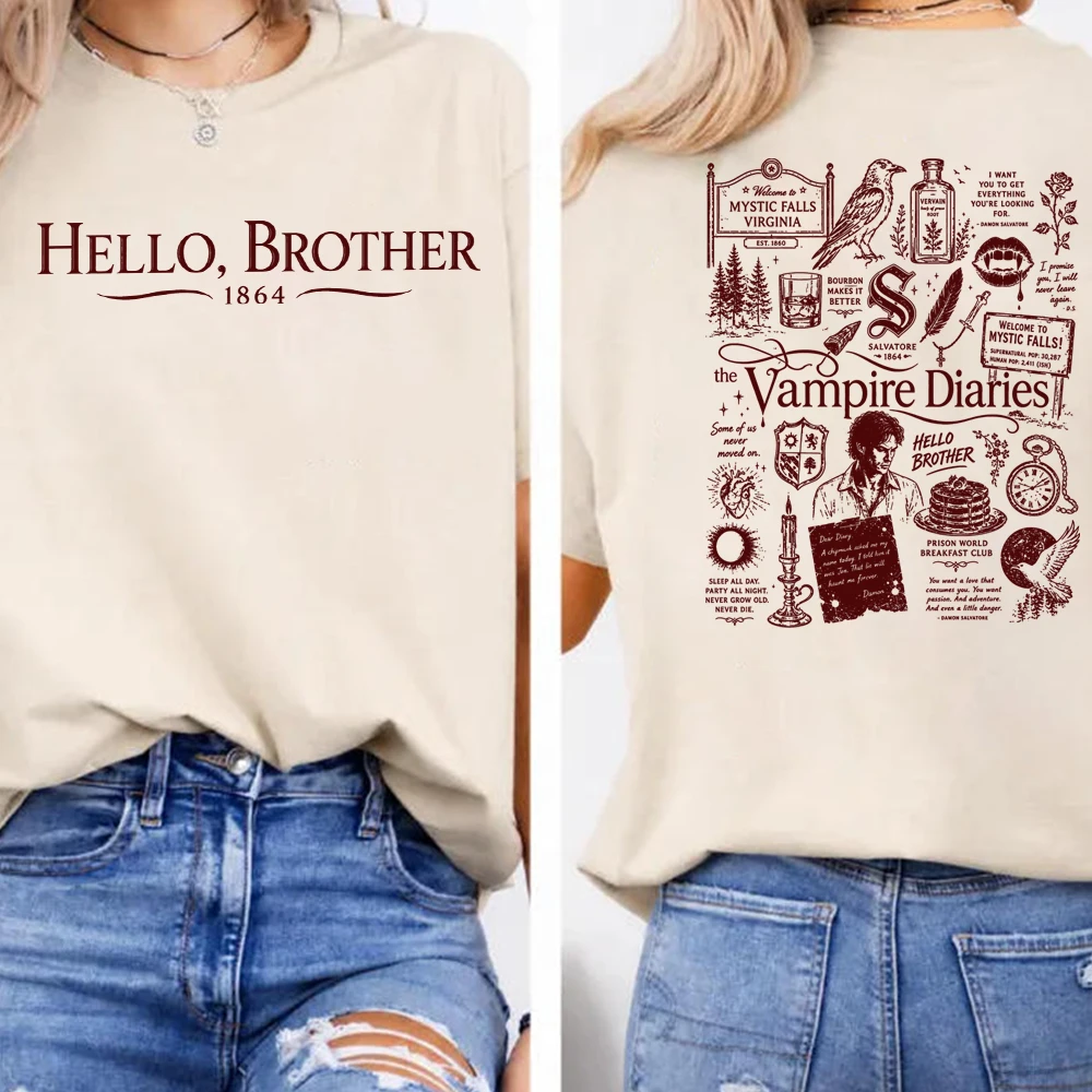 Damon Salvatore Inspired T-shirt Vampire Diaries Shirt Mystic Falls Tee Hello Brother Tshirt Unisex Short Sleeve Tops Fans Gift