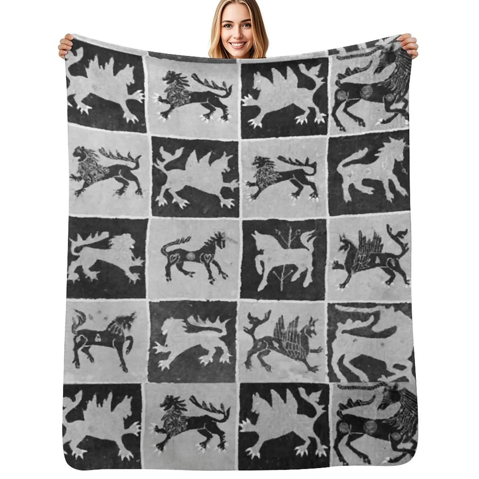 

BLACK WHITE MEDIEVAL BESTIARY, DEERS, UNICORNS LIONSAntique Scandinavian Tapestry Throw Blanket Furrys anime Blankets