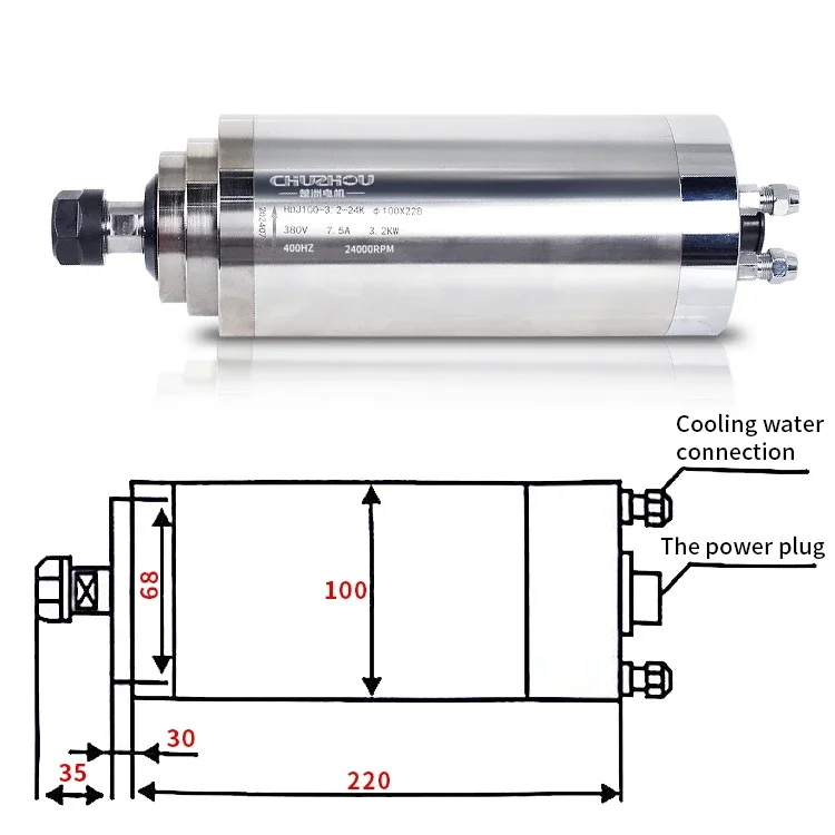 3kw Water Cooled Spindle 4 Bearing 3.7kw Er20 Water Cooled 100mm 220v 380v Electric Spindle Motr for Engraving Machine