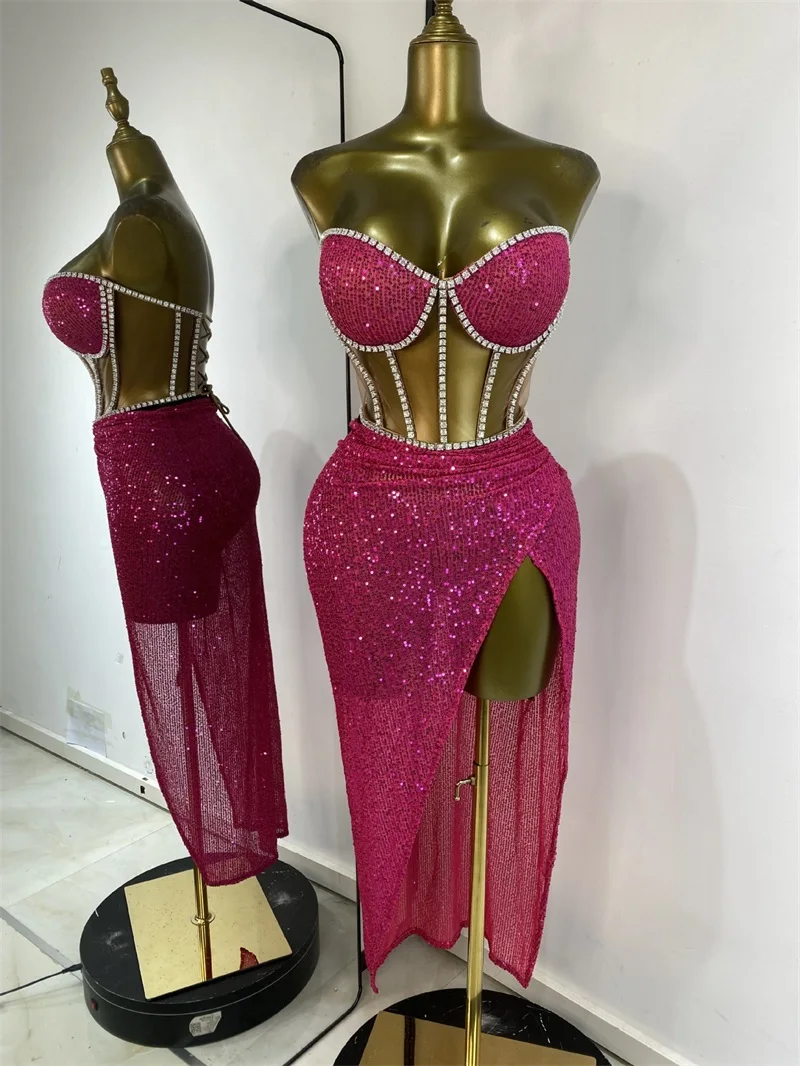 

Sequins Hotfix Rhinestone Women Prom Dress Hollow Out Side Slit Party Gown Newest Multiple Colors Evening Skirt For Party Club