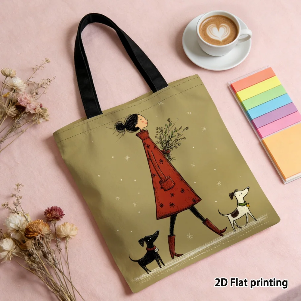 Fashionable Winter Dog Walking Floral Nature Print Tote Bag - Reusable Shopping Bag in Vibrant Colors, Suitable for Shoppin Bags