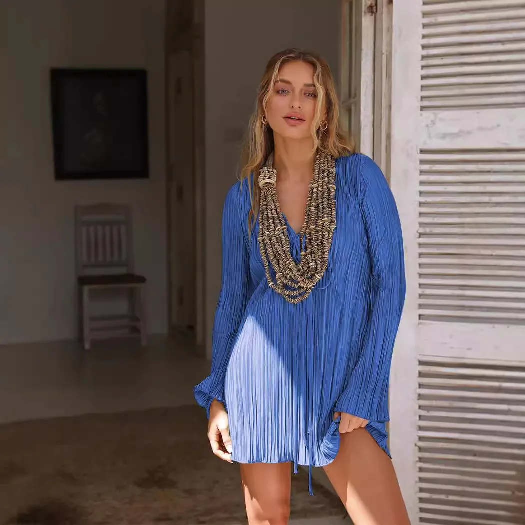 Tie Bell Sleeve Gown a Line Streetwear with Single Long Sleeve Pullover Half Open Neck Double Pleating Dress Summer for Women