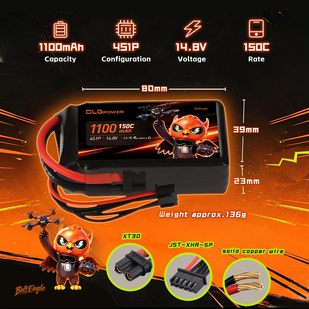 DLGpower 4S 150C High Rate LiPo Battery 1100mAh  XT30 3-4 Inch Freestyle FPV 2-2.5 Inch Cine‑Whoop RC Car Boat Fixed‑wing Plane