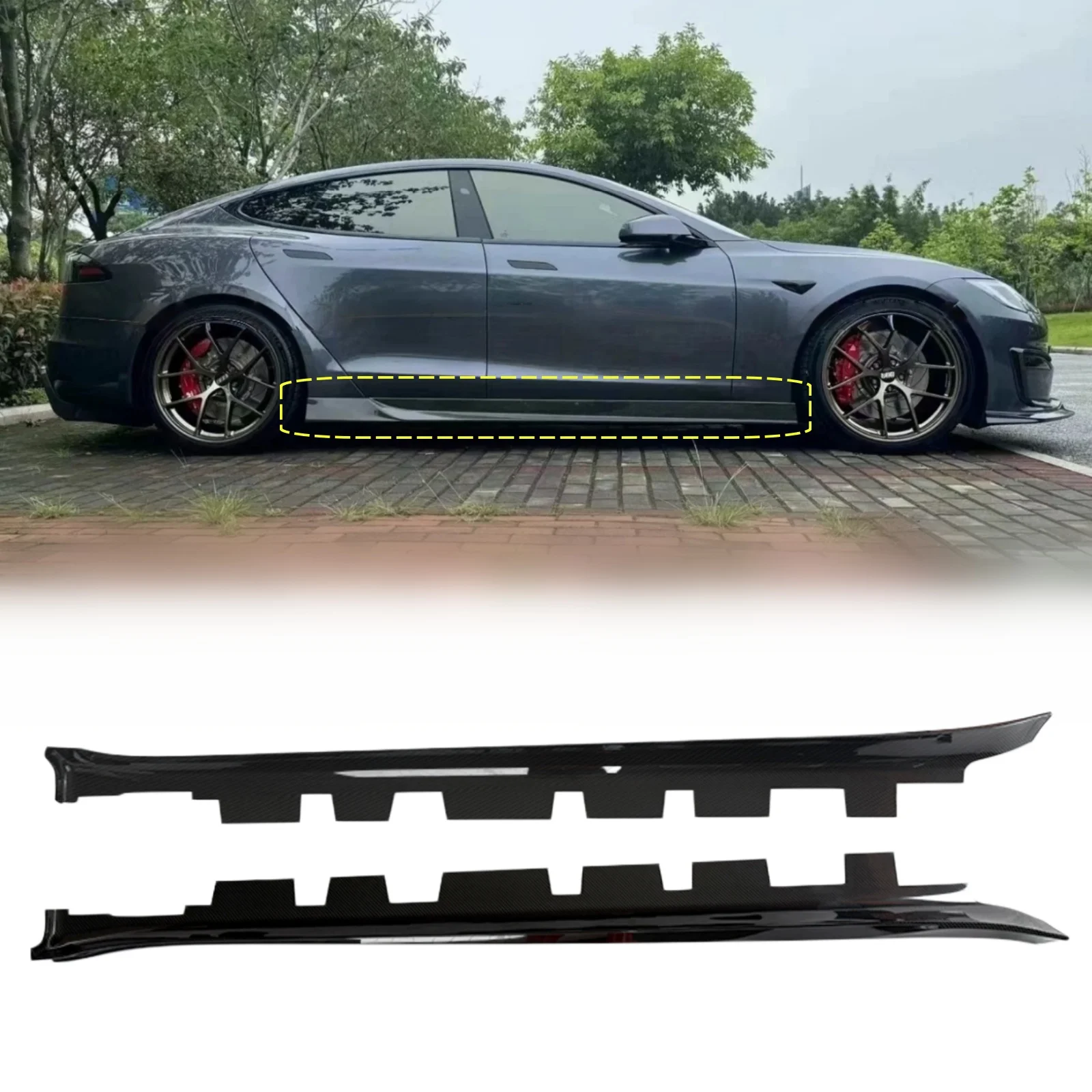 

Dry Carbon Fiber Car Side Skirts Extenion Lips Aprons For Tesla Model S Plaid 2021-2023 Car Side Extension Body Kit