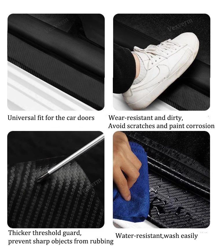 4pcs Thick Car Door Plate Protective Stickers Carbon FiberLeather Car Sticker Sill Scuff Cover Anti Scratch Decal