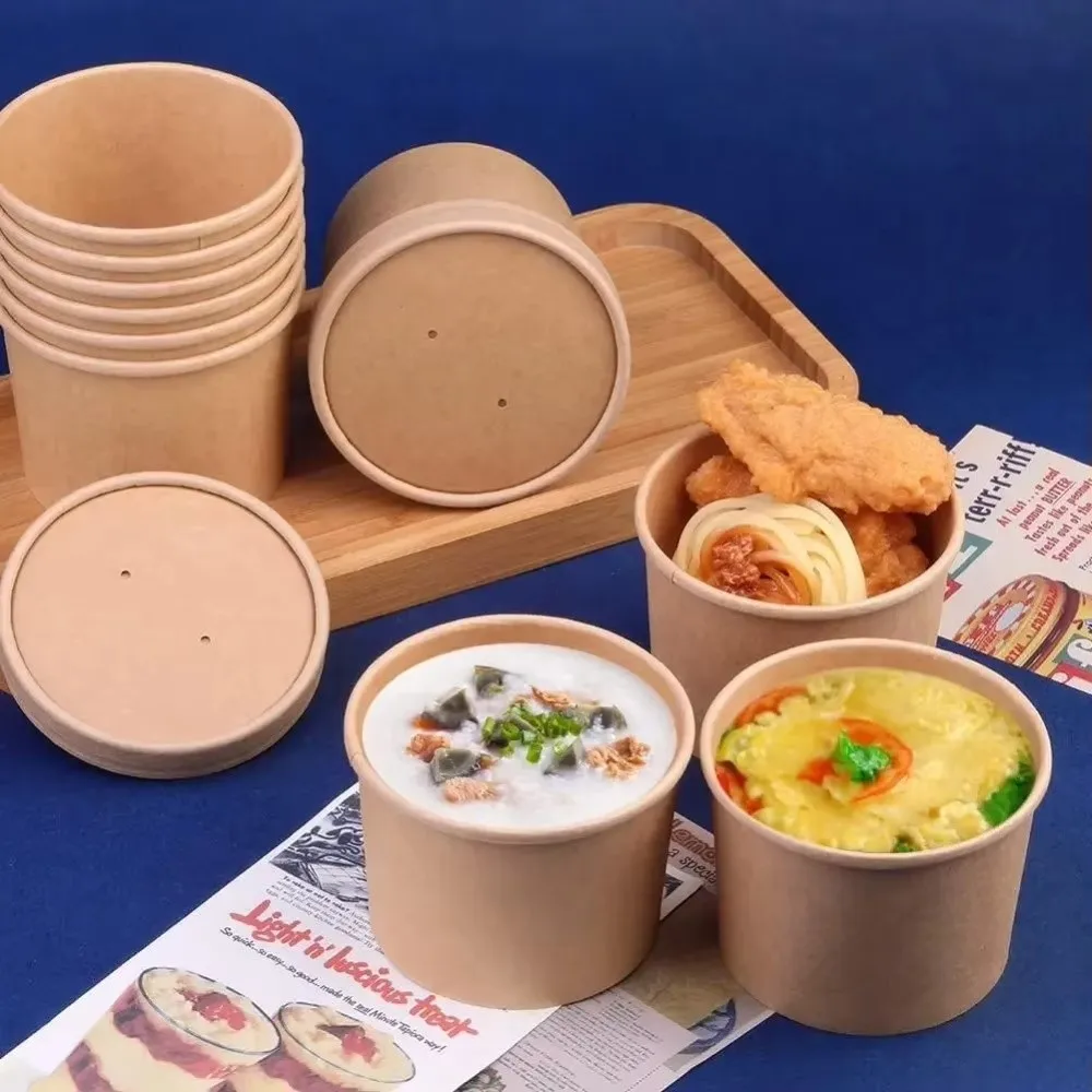 

10PCS New Disposable Kraft Paper Bucket Bowl 8oz/12oz/12oz Hot Soup Bowl Takeaway Packing Boxes with Lid Round Paper Soup Bucket