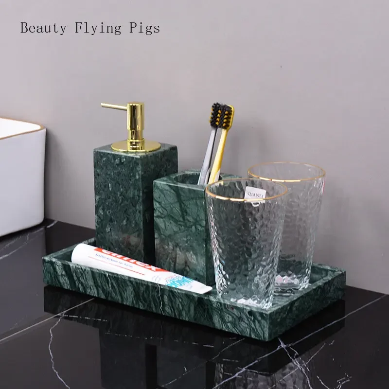 Green marble light luxury bathroom wash set tray, bathroom sink, toothbrush, shelf decoration marble tray  household items